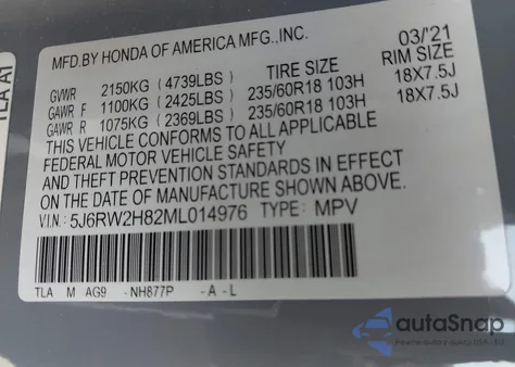 2021 Honda Cr-V Awd Ex-L из США, поврежденный, VIN 5J6RW2H82ML014976